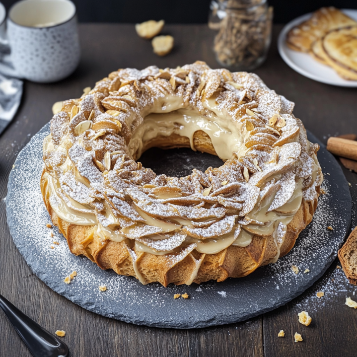 French Paris Brest pastry filled with praline cream and topped with powdered sugar