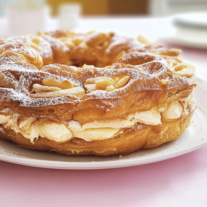 Paris Brest pastry filled with praline cream and topped with powdered sugar on a white plate.