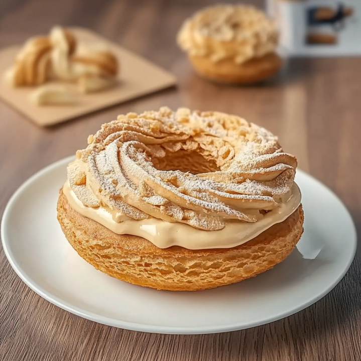 Traditional French Paris Brest pastry filled with praline cream and topped with powdered sugar on a white plate.