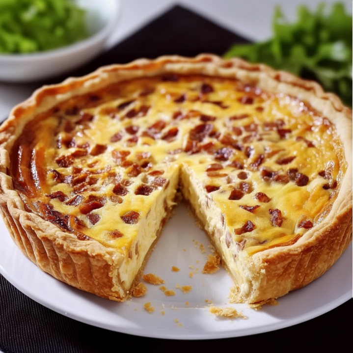 Traditional Quiche Lorraine with crispy golden crust, creamy egg filling and smoked lardons sliced on a white plate.