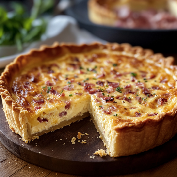 Quiche Lorraine with crispy golden crust, creamy egg filling and smoked lardons sliced on a white plate.