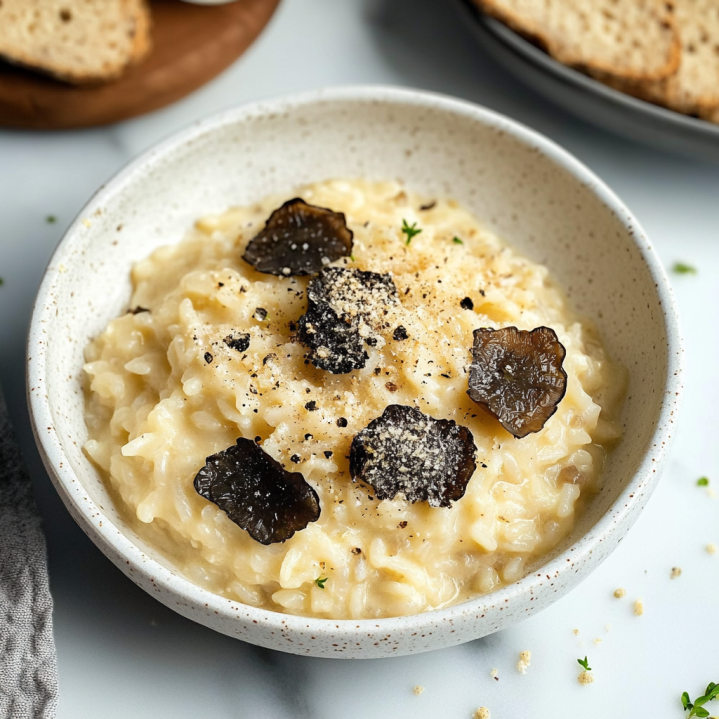 Risotto aux truffes noires servi dans une assiette avec copeaux de truffe fraîche