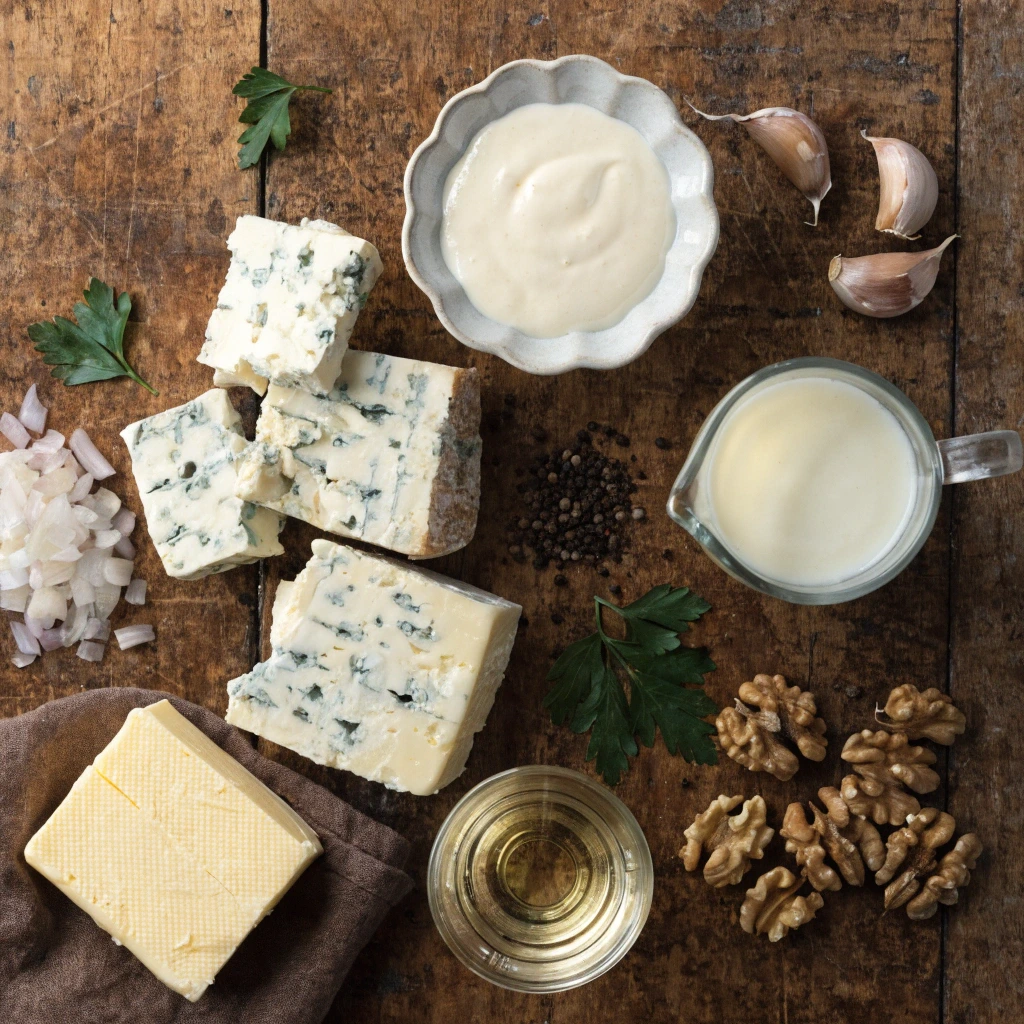 Ingrédients pour sauce roquefort maison avec roquefort AOP, crème fraîche, ail, échalotes, beurre et noix sur table rustique