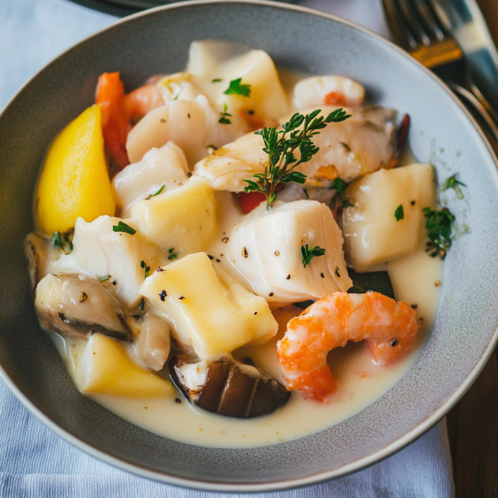 Bowl of creamy French blanquette de poisson with cod, shrimp, mushrooms, potatoes, and fresh herbs served with lemon.