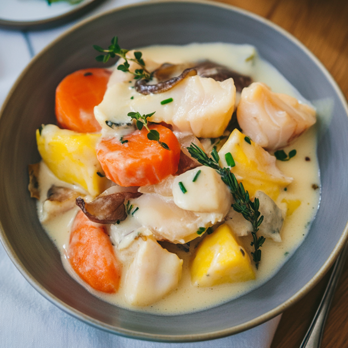 Bowl of creamy French fish blanquette with cod, shrimp, mushrooms, potatoes,