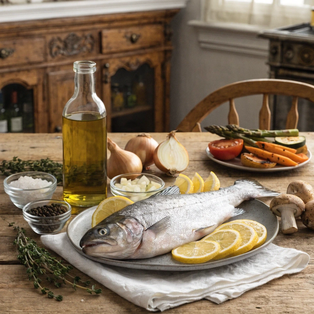 Ingrédients frais pour préparer une truite au four avec citron, huile d’olive, thym, oignons et légumes sur une table rustique.