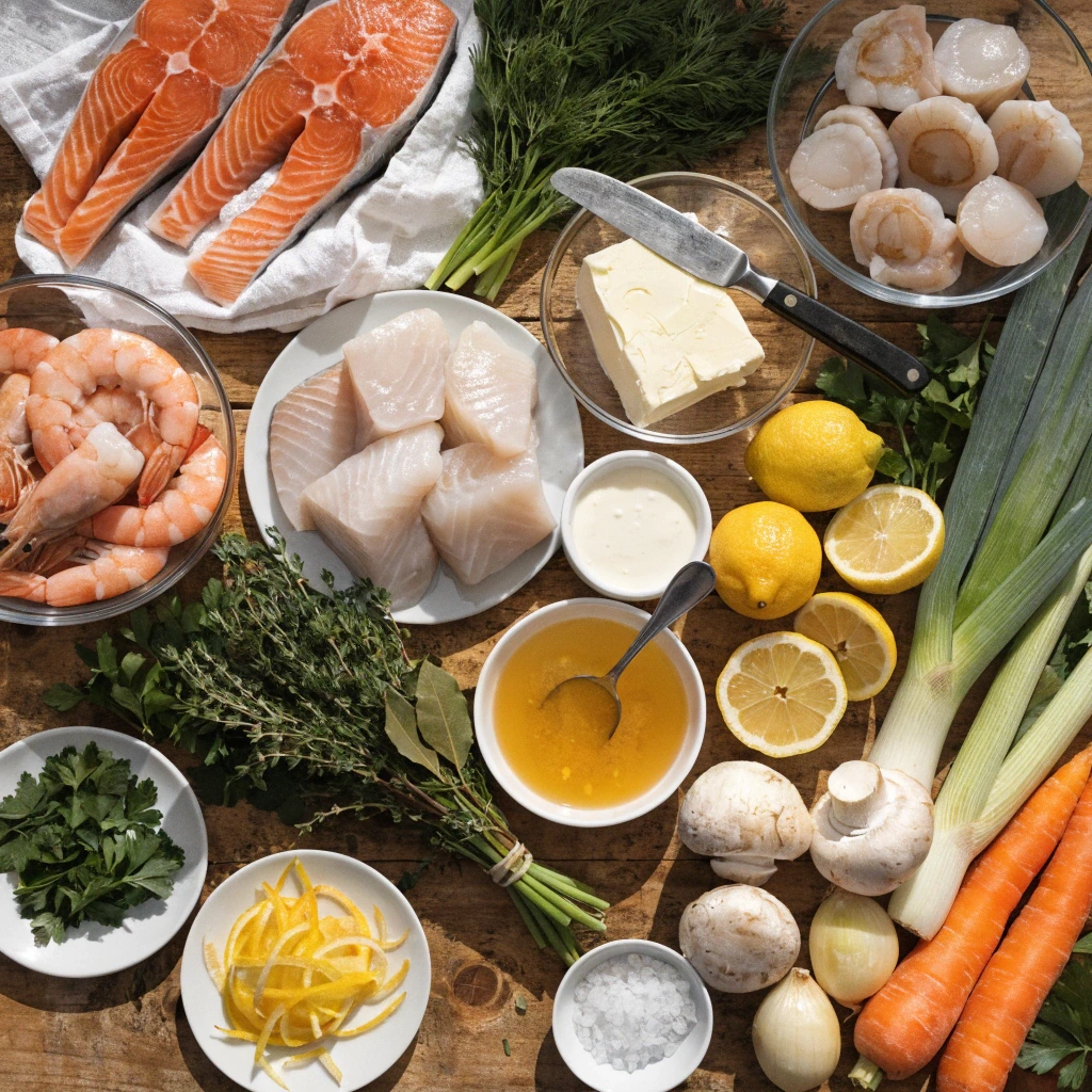 Fresh seafood, vegetables, herbs, cream, and lemon prepared for traditional French fish blanquette recipe on a rustic wooden table.