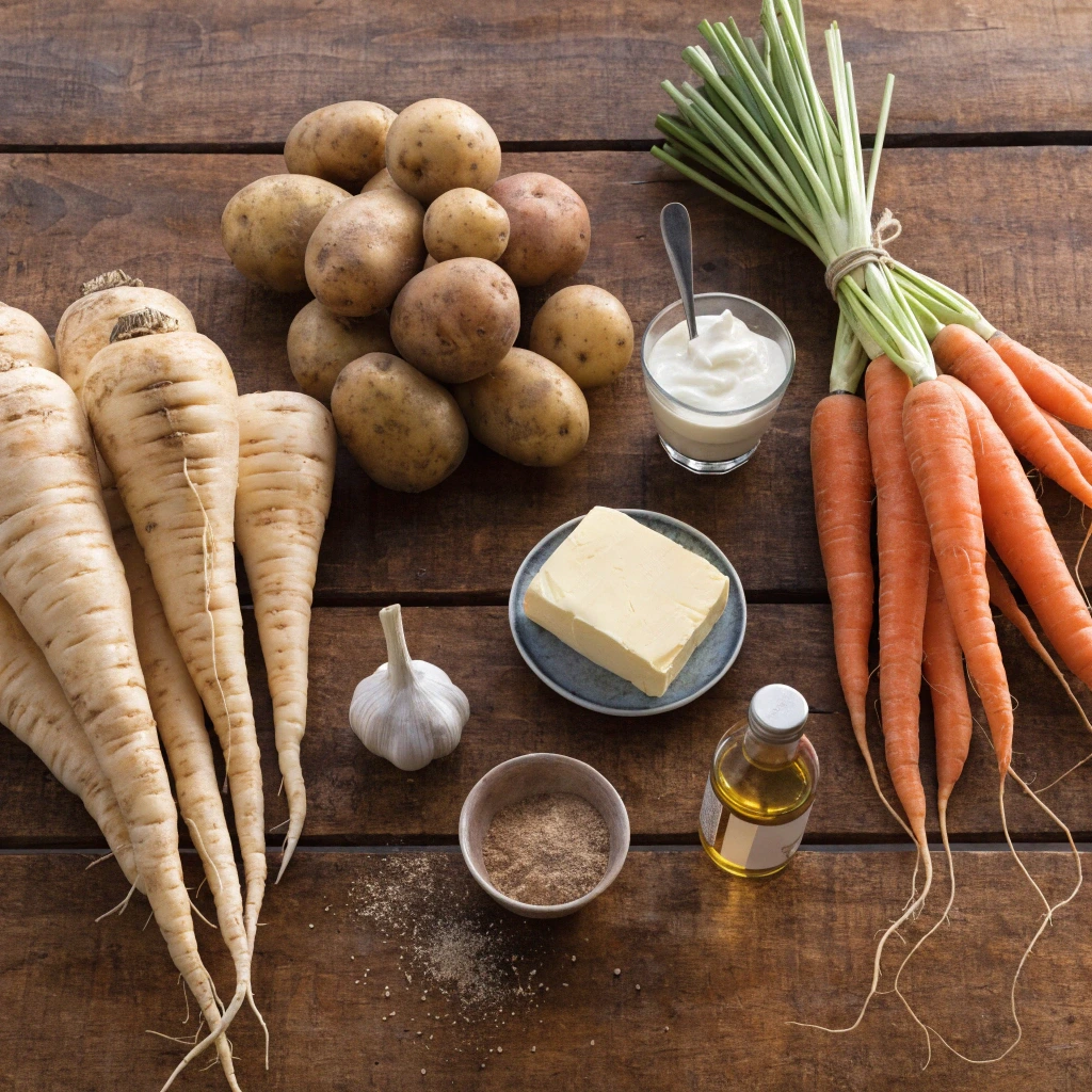 Ingrédients pour purée de panais avec panais pommes de terre carottes beurre crème et ail sur table en bois