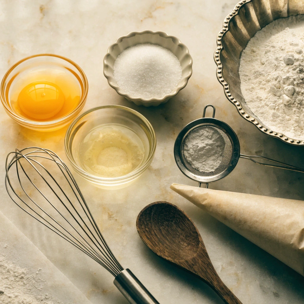 French biscuit cuillère ingredients including eggs, sugar, flour, powdered sugar, whisk, sieve, and piping bag on a marble surface.