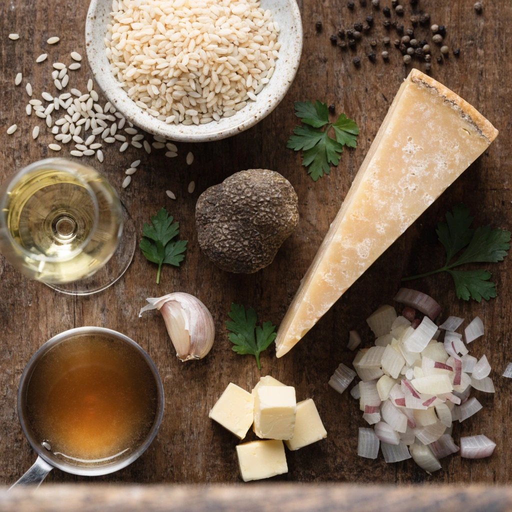Ingrédients du risotto aux truffes avec riz Carnaroli, truffe noire, Parmesan Reggiano, beurre, échalotes, ail, vin blanc et bouillon