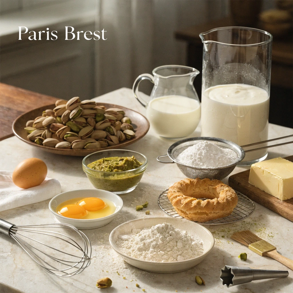 Modern Paris Brest pistachio ingredients arranged on a marble table with milk, pistachios, butter, flour, eggs, powdered sugar, and choux pastry ring.