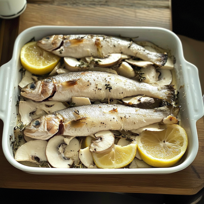 Truites au four avec citron, champignons et thym frais dans un plat de cuisson blanc.