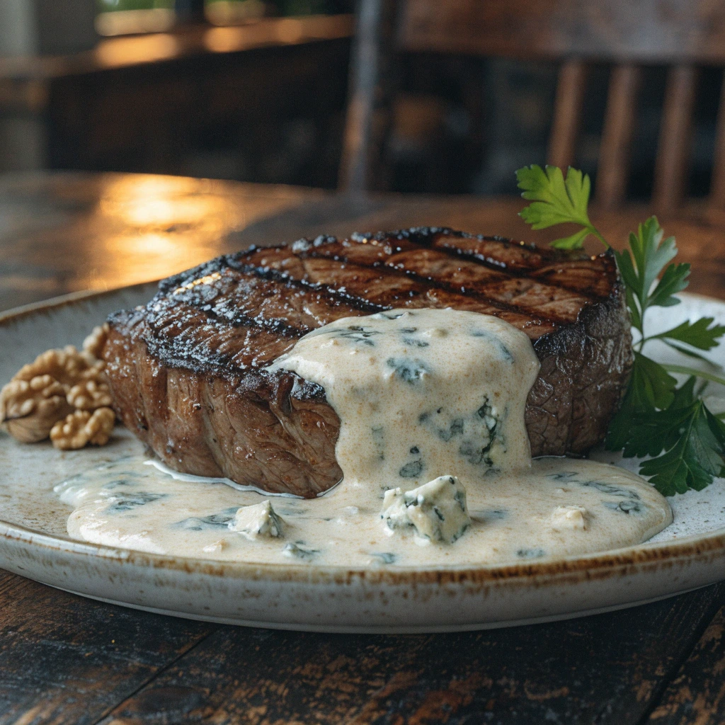 Entrecôte grillée nappée de sauce roquefort maison crémeuse avec fromage bleu fondu et persil frais