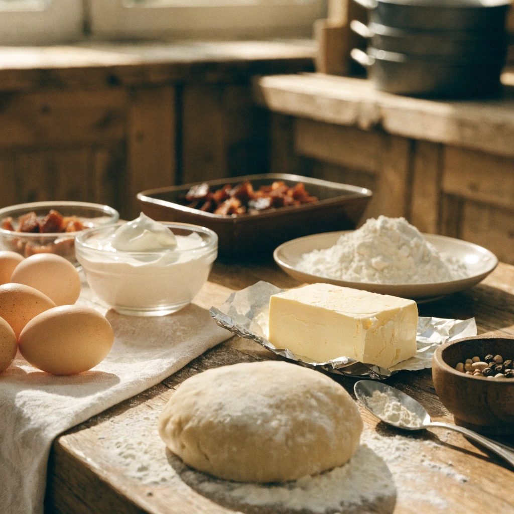 Traditional Quiche Lorraine ingredients including eggs, crème fraîche, smoked lardons, butter, flour and pastry dough on a rustic wooden kitchen table.