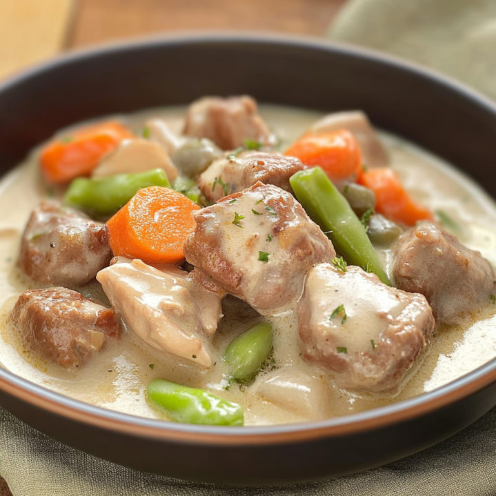 Blanquette de veau traditionnelle servie en cocotte avec sauce blanche crémeuse,