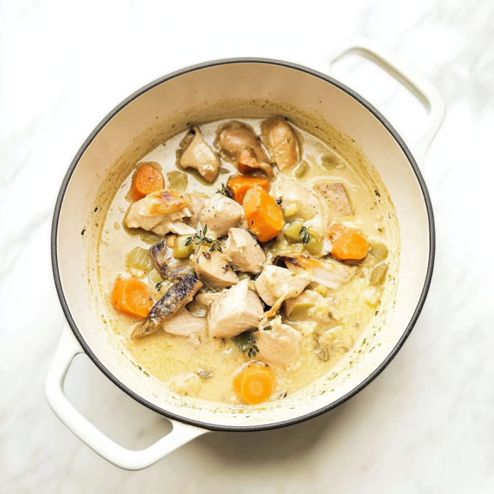 Blanquette de veau traditionnelle servie en cocotte avec sauce blanche crémeuse, carottes et champignons.