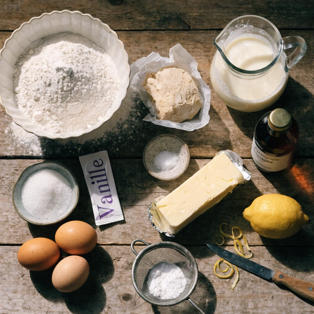 Ingredients for traditional Bugnes Moelleuses Lyonnaises including flour, baker's yeast, milk, eggs, butter, sugar, lemon and orange blossom water.