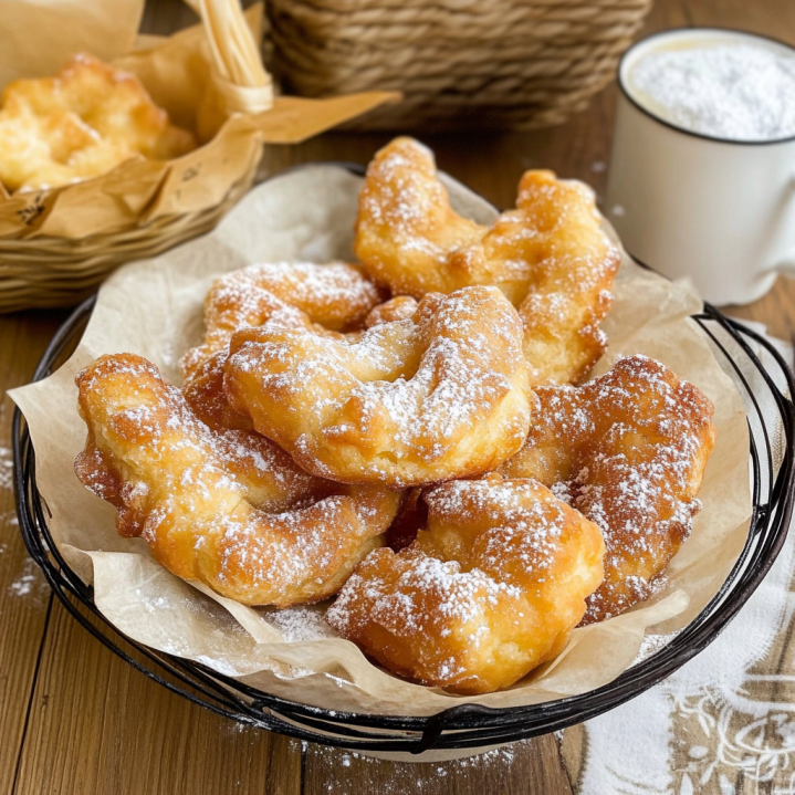 Freshly made Bugnes Moelleuses Lyonnaises dusted with powdered sugar in a rustic basket.