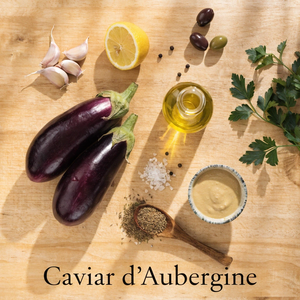 Fresh ingredients for homemade caviar d'aubergine including eggplants, olive oil, garlic, lemon, tahini, parsley, cumin, olives, salt, and pepper on a wooden table.