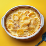 Freshly baked traditional Gratin Dauphinois with tender potato slices, creamy sauce, golden edges, and black pepper served in a white ceramic baking dish.