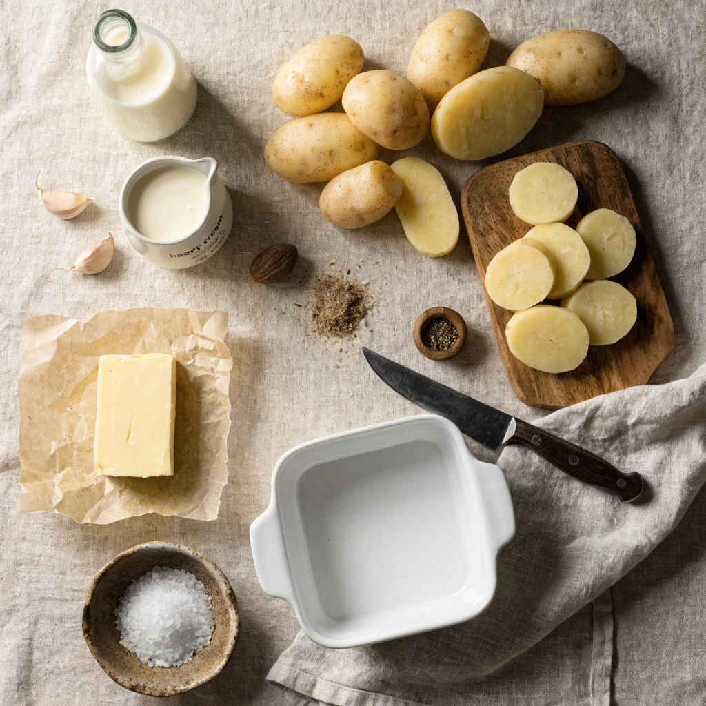Fresh ingredients for authentic Gratin Dauphinois including potatoes, whole milk, heavy cream, butter, garlic, nutmeg, salt, pepper, and a ceramic baking dish arranged in a rustic flat lay.