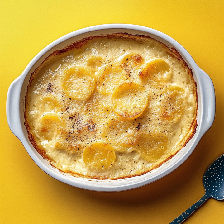 Freshly baked traditional Gratin Dauphinois with tender potato slices, creamy sauce, golden edges, and black pepper served in a white ceramic baking dish.