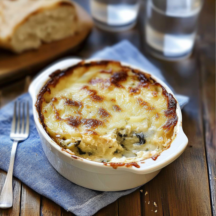 Gratin de fenouil crémeux dans un plat blanc, recouvert d'une croûte dorée au fromage