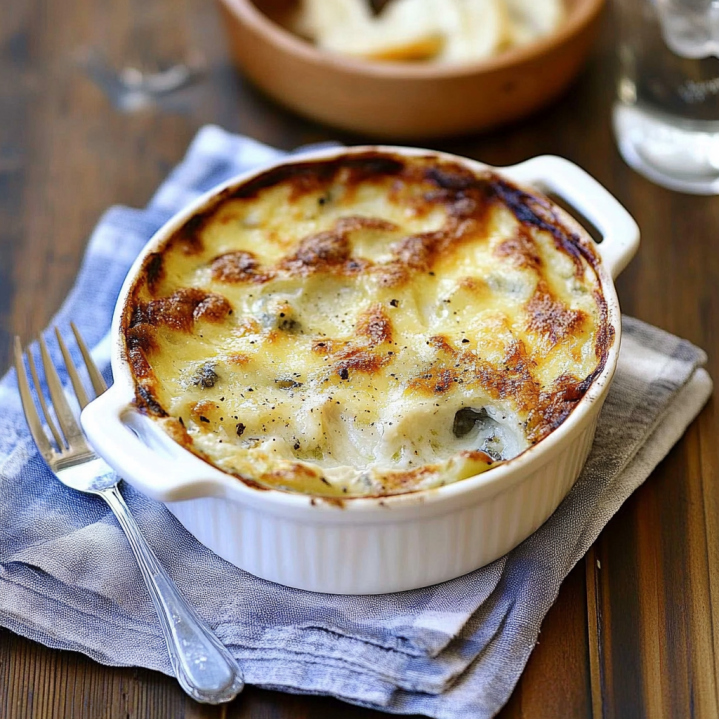Gratin de fenouil crémeux dans un plat blanc, recouvert d'une croûte dorée au fromage, servi chaud sur une table en bois rustique.