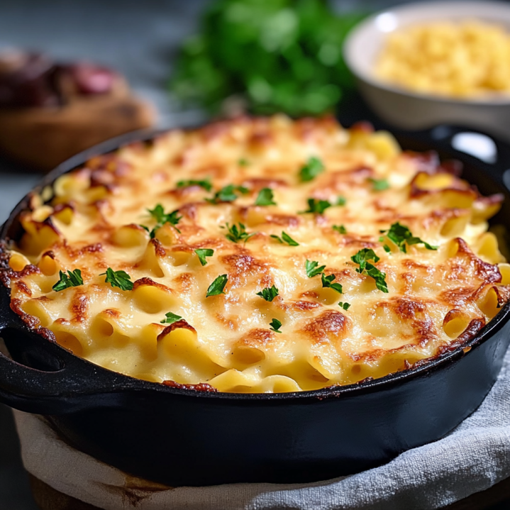 Gratin de pâtes traditionnel  avec fromage gratiné doré et pâtes crémeuses 