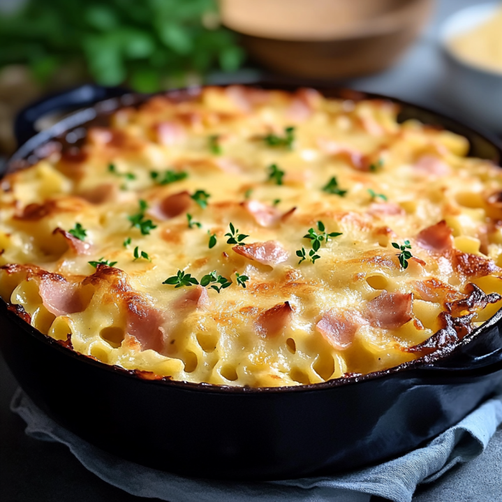 Gratin de pâtes traditionnel avec fromage gratiné doré et pâtes crémeuses servi dans un plat de cuisson