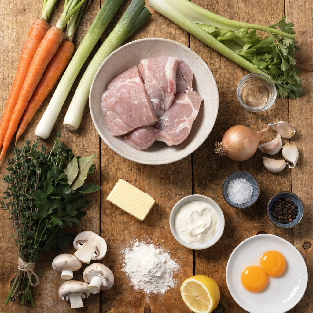 Ingrédients de la blanquette de veau à l'ancienne avec morceaux de veau, carottes, poireaux, céleri, champignons de Paris, crème fraîche, beurre, farine et jaunes d'œufs.