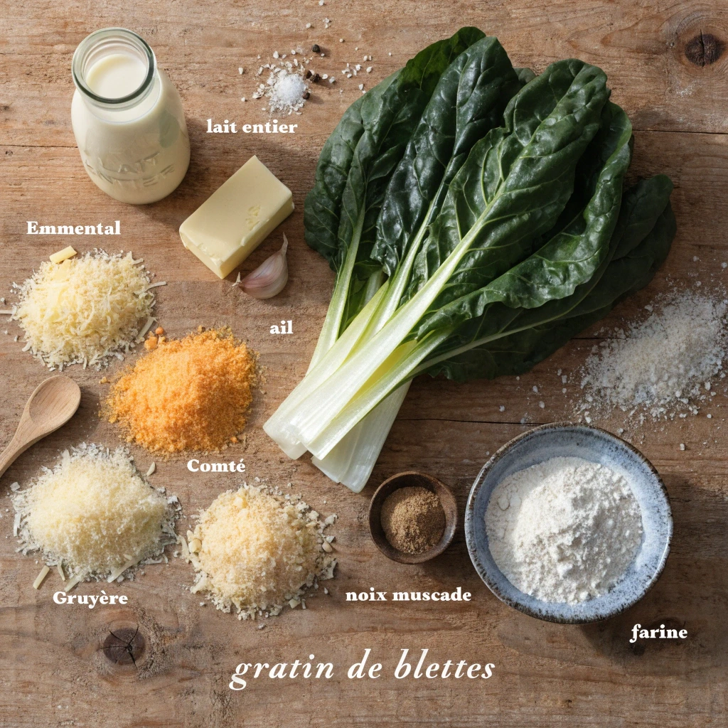 Ingrédients du gratin de blettes à la béchamel disposés sur une table en bois : blettes fraîches, lait entier, farine, ail, noix de muscade, emmental, comté et gruyère râpés.
