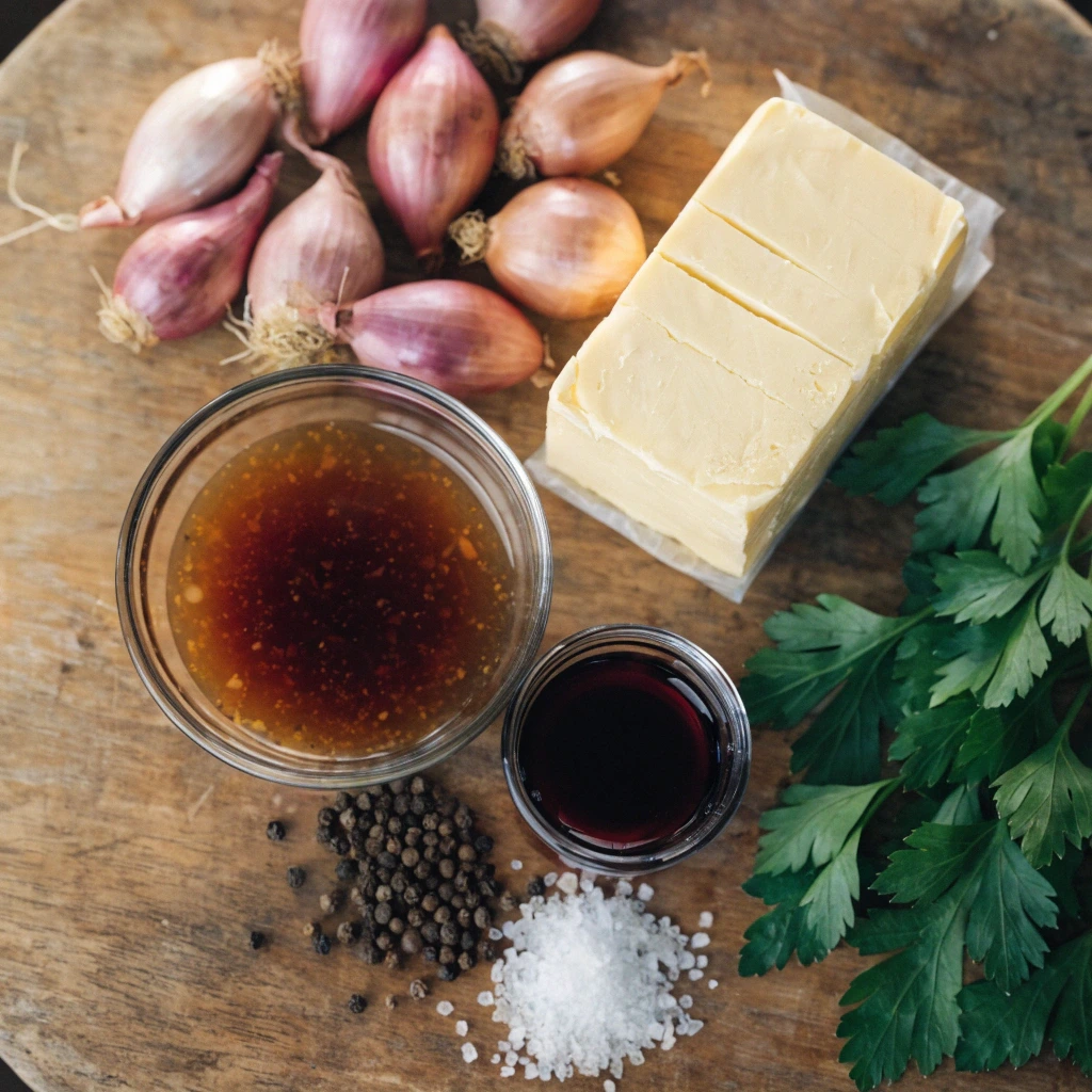 Ingrédients pour sauce échalote maison sans vin avec échalotes, beurre, fond de veau, vinaigre balsamique, persil, sel et poivre