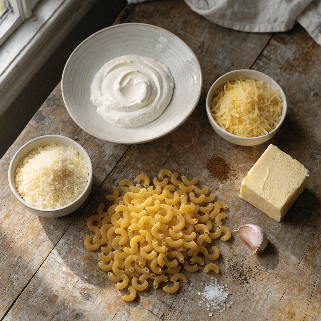Ingrédients d’un gratin de pâtes traditionnel avec macaronis, crème fraîche, Comté, Gruyère, beurre, ail, sel et poivre sur une table en bois rustique