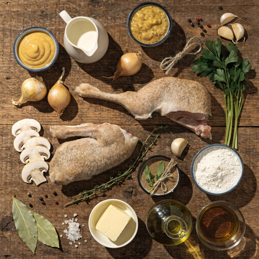 Ingrédients pour préparer un lapin à la moutarde avec morceaux de lapin, moutarde de Dijon, crème fraîche, échalotes, ail, champignons,