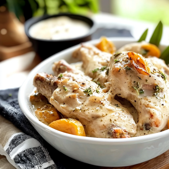 Lapin à la moutarde dans une assiette avec sauce crémeuse, morceaux de lapin tendres et garniture d'agrumes