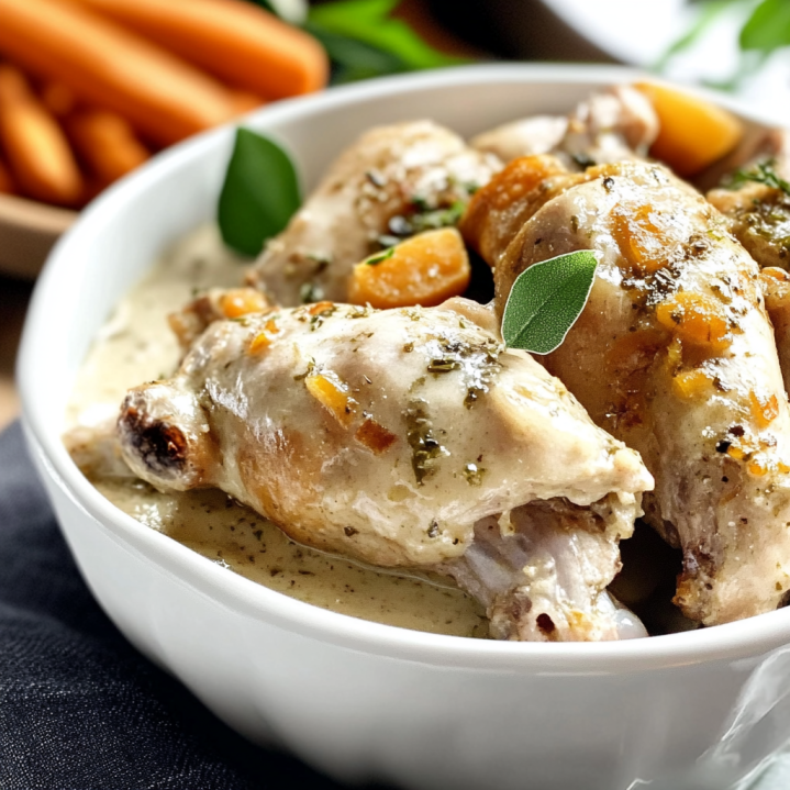 Lapin à la moutarde dans une assiette avec sauce crémeuse