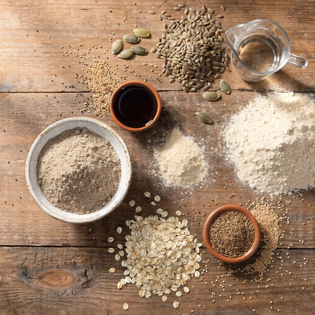 Top view of Nordic bread ingredients including rye flour, whole wheat flour, oats, mixed seeds, honey, and water arranged on a rustic wooden table.