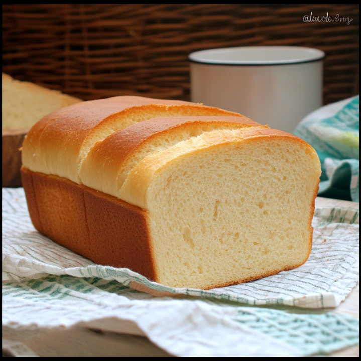 Pain de mie maison moelleux fraîchement cuit avec mie tendre et croûte dorée présenté sur un torchon de cuisine