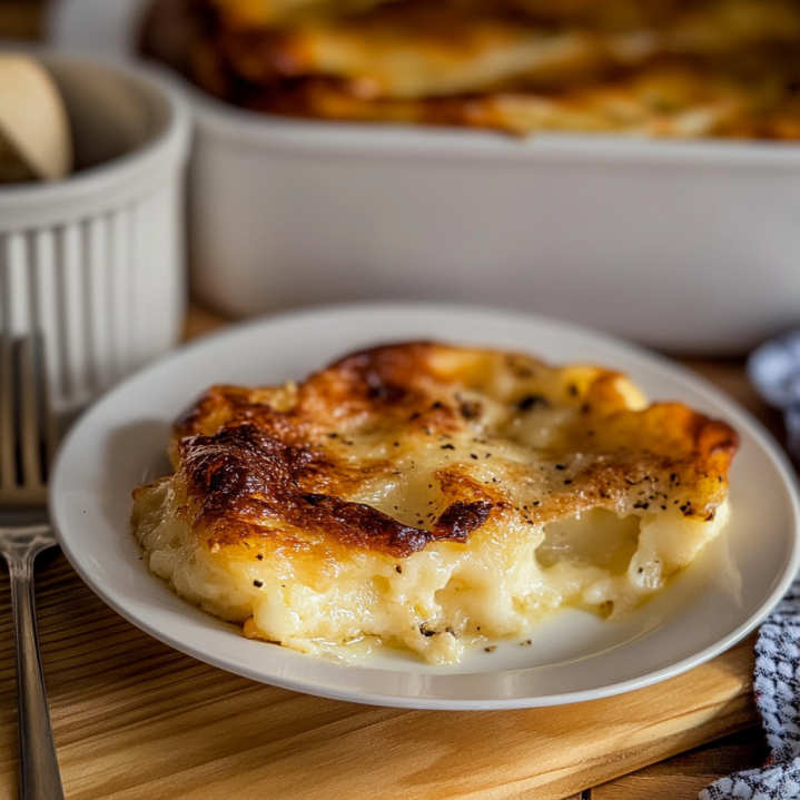 baked traditional Gratin Dauphinois with tender potato slices, creamy sauce, golden edges,