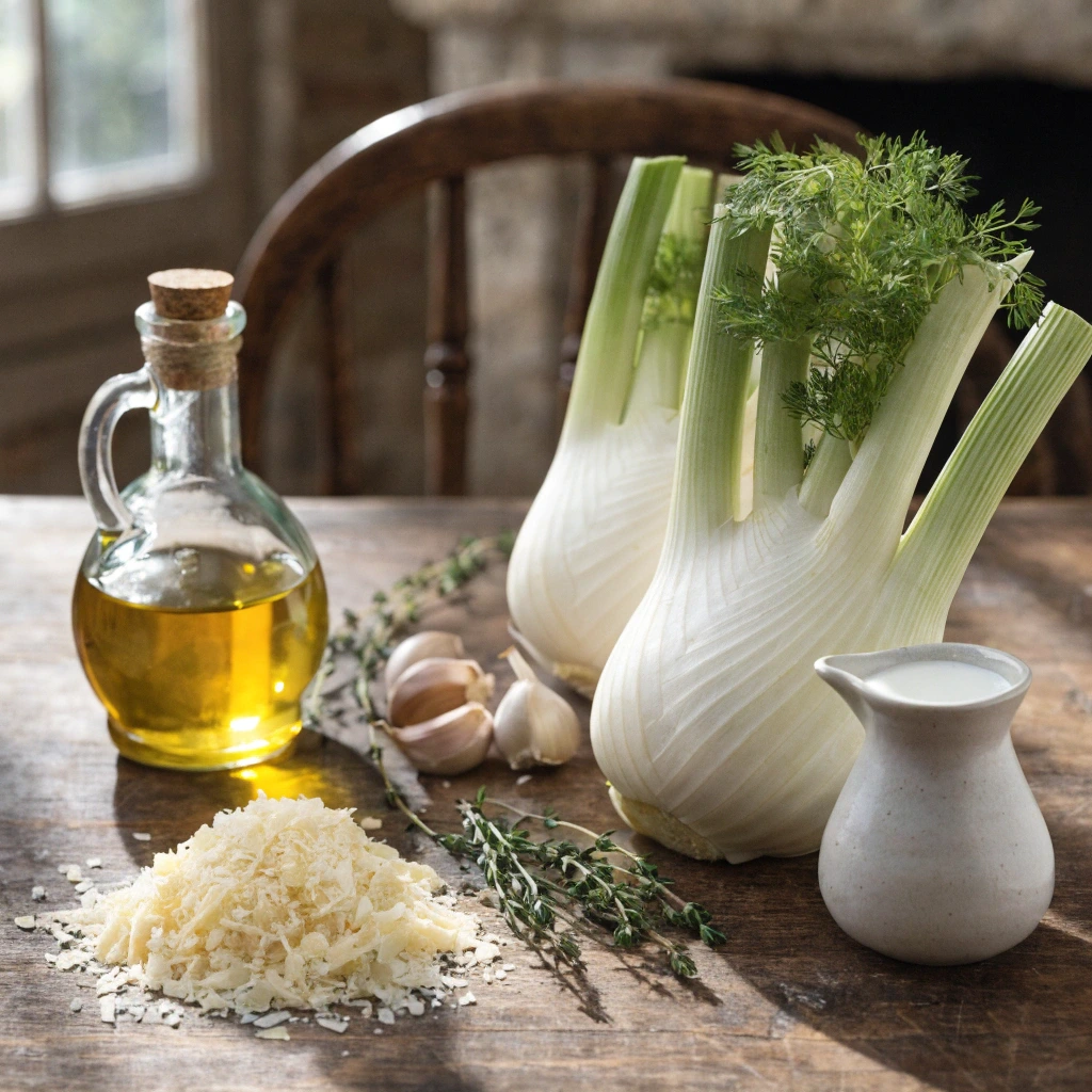 Fresh fennel bulbs, grated parmesan cheese, olive oil, garlic cloves, thyme, and cream arranged on a rustic wooden table for a homemade fennel gratin recipe.