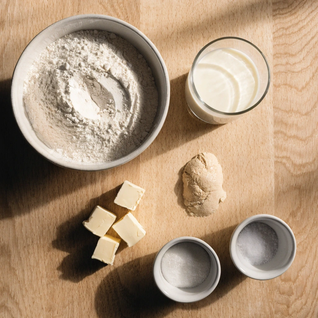 Ingrédients pour préparer un pain de mie maison moelleux avec farine T45, lait entier, beurre, levure de boulanger, sucre et sel