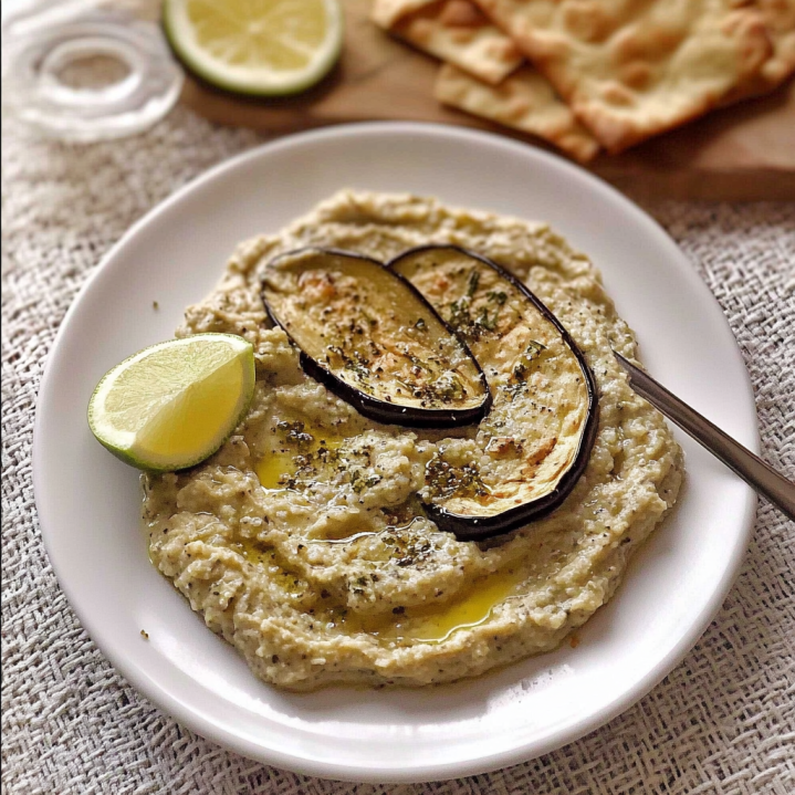 Creamy homemade caviar d'aubergine served with olive oil, lemon wedges, fresh herbs,