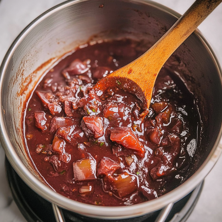 Sauce échalote maison sans vin en cuisson dans une casserole avec échalotes