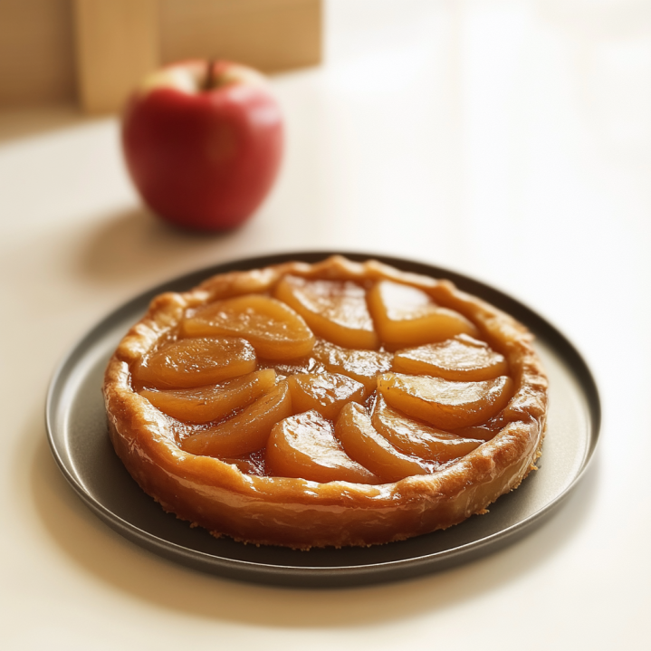 Tarte tatin traditionnelle aux pommes caramélisées servie sur une assiette blanche