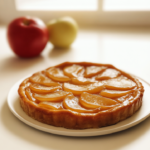 Tarte tatin traditionnelle aux pommes caramélisées servie sur une assiette blanche avec un caramel doré brillant.