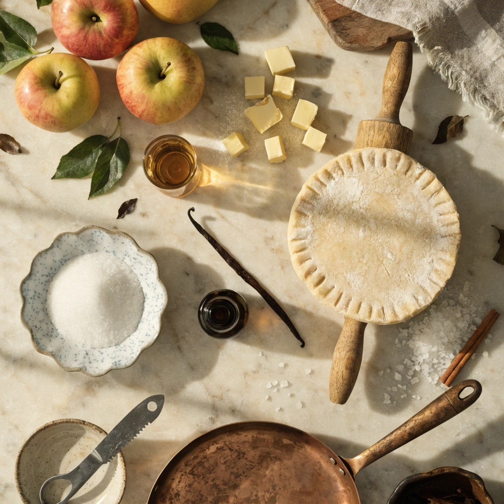 Ingrédients pour préparer une tarte tatin traditionnelle avec pommes, beurre, sucre, pâte brisée et vanille.
