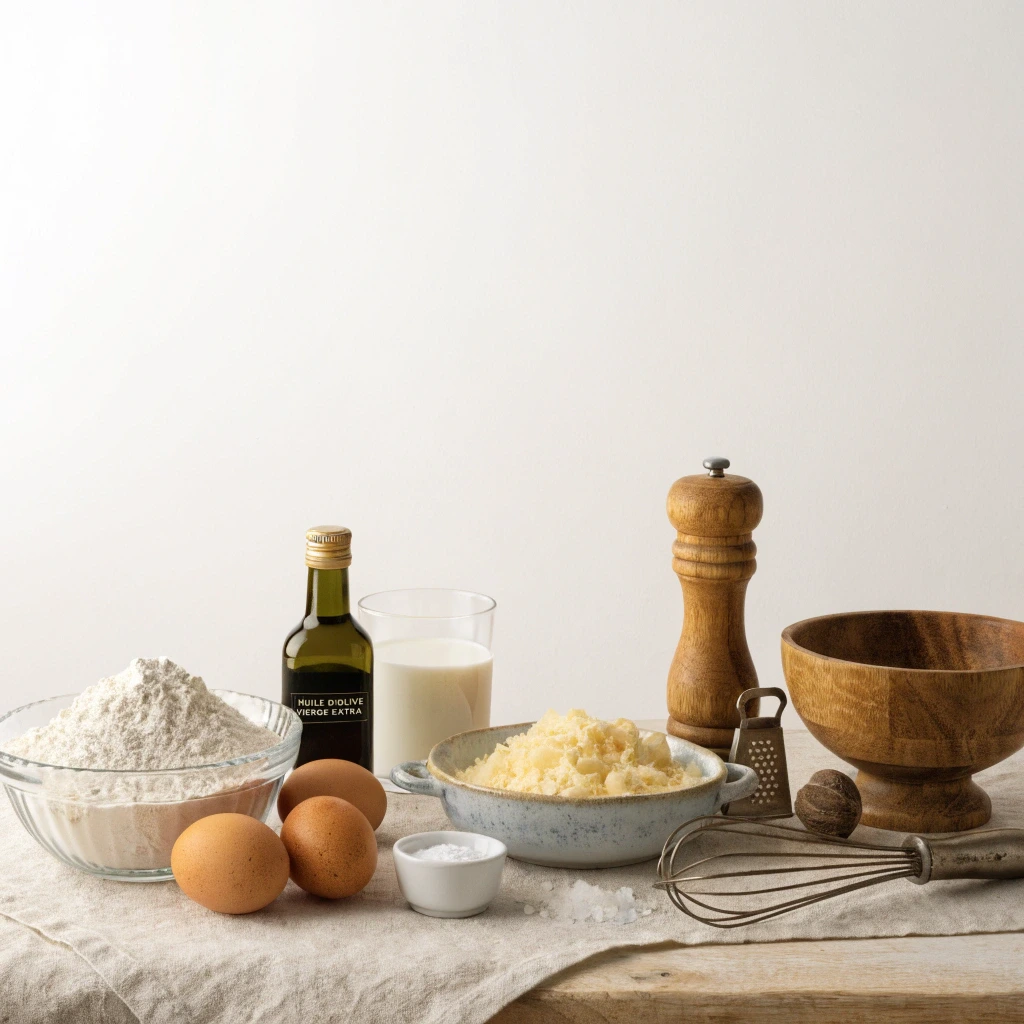 Fresh ingredients for a French cake salé including flour, eggs, milk, olive oil, grated Emmental cheese, baking powder, salt, pepper, and nutmeg arranged on a rustic wooden table.