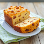 Cake salé maison moelleux à la croûte dorée, tranché sur une assiette blanche, avec une mie légère et une garniture savoureuse.