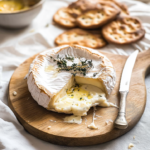 Camembert au four fondant garni de miel, thym frais et huile d'olive, servi sur une planche en bois avec des crackers croustillants.
